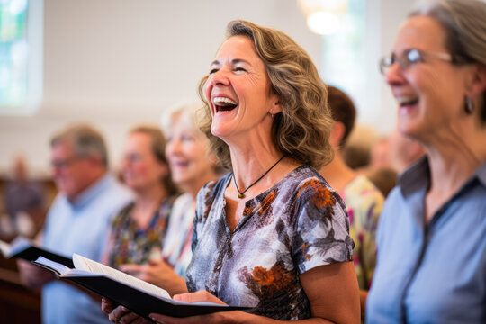 Caucasian woman singing in the church. Gospel singer singing. Joyful devotion, faith and belief in God religion concept.