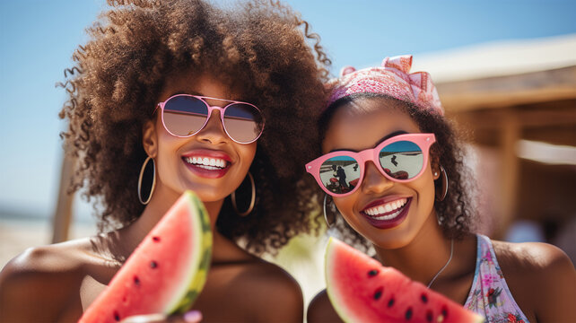Happy young ethnic friends on the beach with watermelon. Afro American black friends. Close up portrait of two young girls enjoying a watermelon. Female friends eating a watermelon slice and laughing