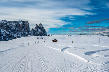 The largest high altitude plateau in Europe in winter. Snow and winter atmosphere on the Alpe di Siusi. Dolomites. - 691401632