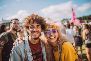 Group of friends, couples enjoying vacation at festival. Happy young hippie friends, hipsters. Young people enjoying a day at music festival