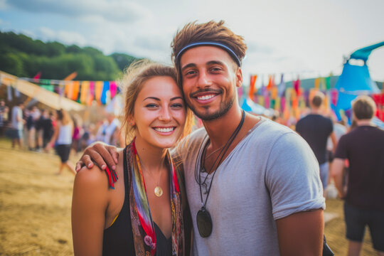 Group of friends, couples enjoying vacation at festival. Happy young hippie friends, hipsters. Young people enjoying a day at music festival