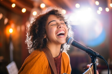 Beautiful singer on a stage at the concert. Young women band singing, mixed races. Audition for singing show.