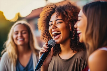 Beautiful singer on a stage at the concert. Young women band singing, mixed races. Audition for singing show. - Powered by Adobe