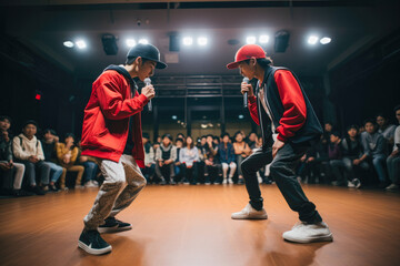 Adult male afro american rapper, hip-hop dancers having a battle. Ghetto life. Hip-hop style. - obrazy, fototapety, plakaty