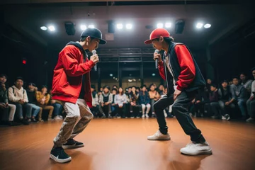 Fotobehang Adult male afro american rapper, hip-hop dancers having a battle. Ghetto life. Hip-hop style. © VisualProduction
