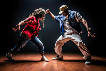 Naklejka premium Adult male and female hip-hop couples dancing at practice, smiling being happy. Youth culture, movement, style and fashion, action, breakdance.