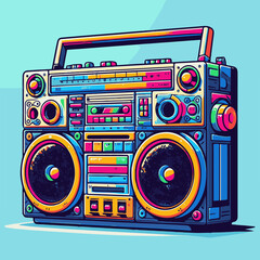 Boombox. Colorful stereo recorder for listening radio music on tape cassette Vector illustration in flat style. - obrazy, fototapety, plakaty