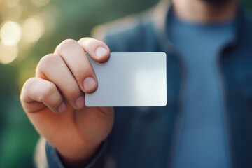 Hand holding a blank white card. The concept suggests identity or transaction.