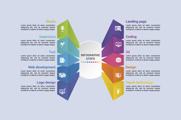 Infographics with Creative Package theme icons, 10 steps. Such as studio, inspiration, test, web development and more.