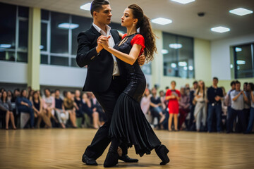 Professional dancers dancing tango, preparing for a world dance competition.