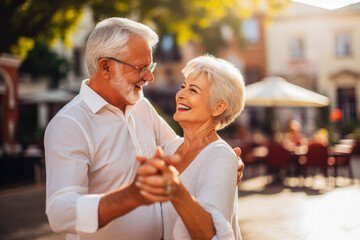 Elderly couple in the dancing class, healthy senior years. Learning how to dance, recreation for couple, spending quality time together.
