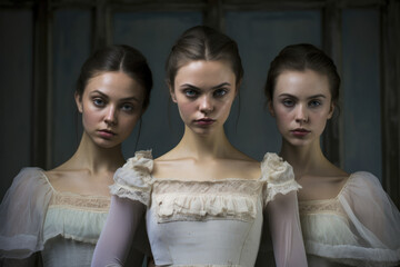Naklejka premium Portrait young girls of ballet dancers. Eating disorders at ballerinas, depression. Upset girls.