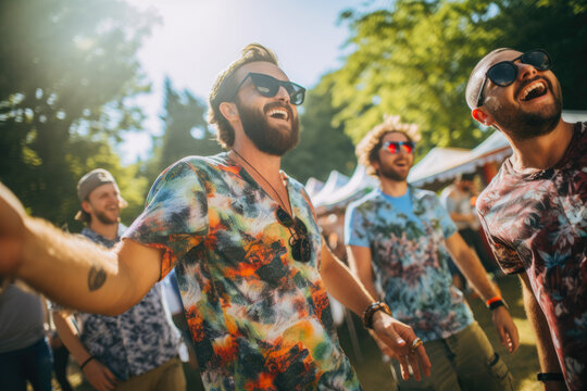 Male friends dancing to the music. Happy young hippie friends, hipsters. Young people enjoying a day at music festival