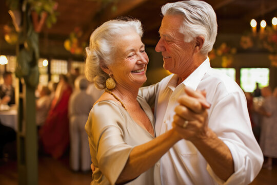Elderly couple in the dancing class, healthy senior years. Learning how to dance, recreation for couple, spending quality time together.