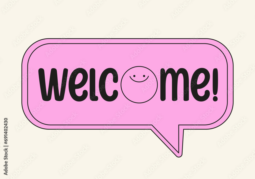 Poster welcome message window sticker in y2k style. cute pink text bubble with smiling emoji. minimal templ