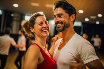 Recreation for couples, dancing classes. Mixed race woman and man spending quality time together. Preparing for wedding dance, first dance. - obrazy, fototapety, plakaty