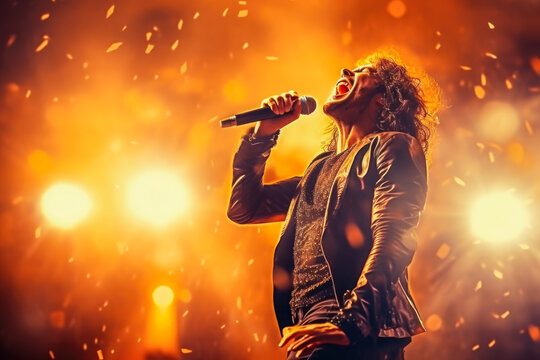 Rock singer on the concert. Male's silhouette illuminated by stage lights at a rock concert.