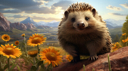 A Courageous Hedgehog’s Adventure in a forest with beautiful flowers. Generative AI