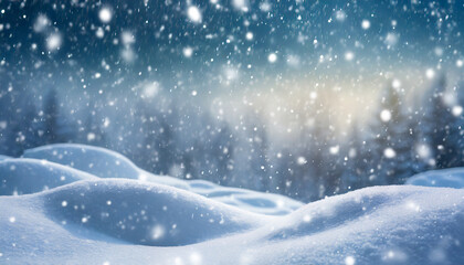 Beautiful background image of light snowfall falling over of snowdrifts