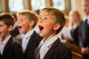 Caucasian little boy singing in the church. Gospel singer singing. Joyful devotion, faith and...