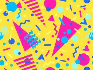 Geometric seamless pattern with memphis elements in 80s style. Colorful geometric pattern. Design of promotional products, wrapping paper and printing. Vector illustration