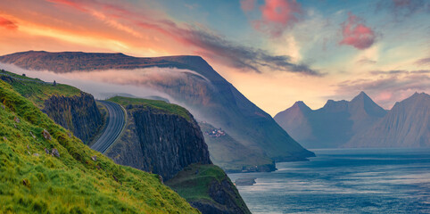 Majestic summer view of Streymoy Island. Spectacular sunrise on outskirts of Kirkjubour village,...