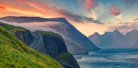 Crédence de cuisine en verre imprimé Atlantic Ocean Road Majestic summer view of Streymoy Island. Spectacular sunrise on outskirts of Kirkjubour village, Faroe Islands, Denmark, Europe.  Beauty of nature concept background.