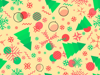 Christmas seamless pattern with geometric shapes in 80s Memphis style. Christmas pattern with fir trees, Christmas decorations and geometric shapes for wrappers and banners. Vector illustration