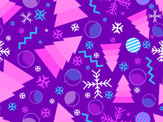 Christmas seamless pattern with geometric shapes in 80s Memphis style. Christmas pattern with fir trees, Christmas decorations and geometric shapes for wrappers and banners. Vector illustration