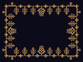 Winter frame with snowflakes in line art style. Vintage linear border in gold color in art deco style. Christmas frame design for greeting cards, invitations and flyers. Vector illustration