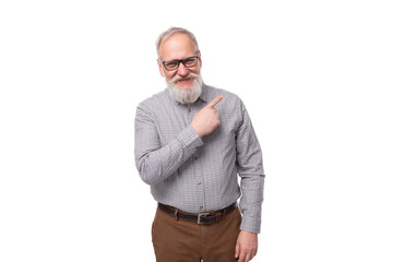 60 year old elderly business man with mustache and gray beard wearing glasses looks stylish and...
