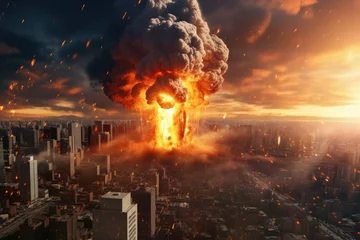 Fotobehang Nuclear war apocalypse concept. Explosion of nuclear bomb in city.  © KirKam