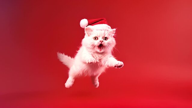 white kitten in santa hat on red background, Merry Christmas concept. Generative Ai	