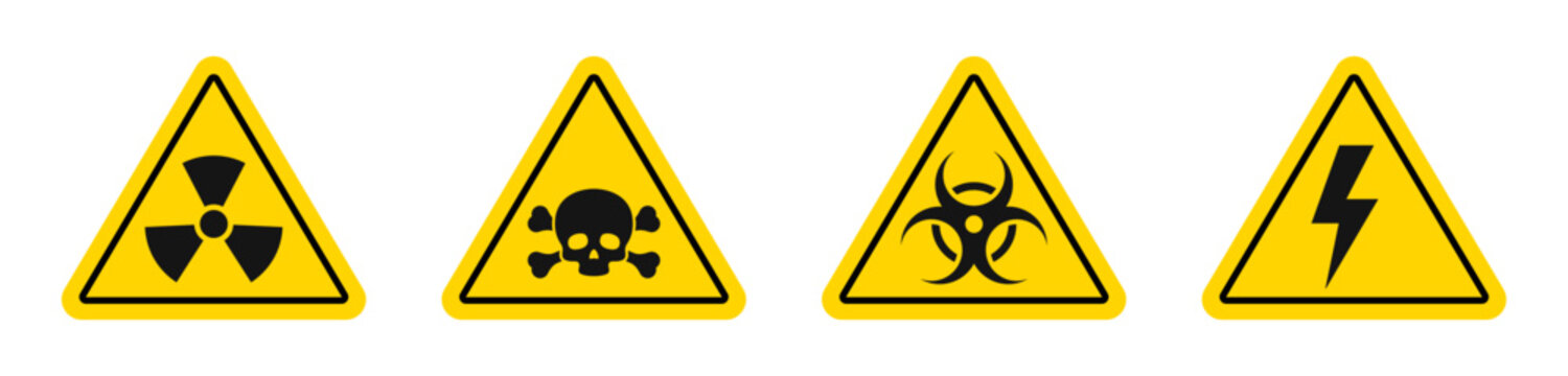 Danger signs. Danger, warning sign icon set. Poison, toxic, biohazard caution sign. Yellow triangle warning symbol element.