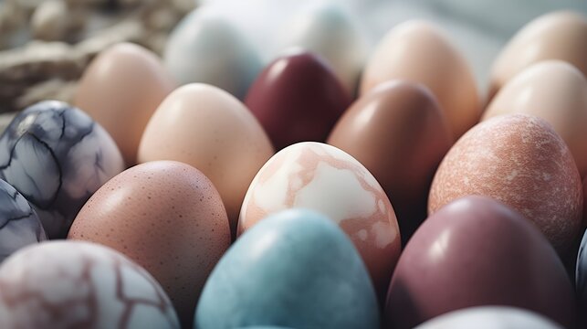 Naturally dyed Easter eggs in a close-up image. Zoom in to reveal the subtle textures and variations in color, background image, generative AI