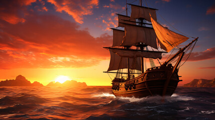 Pirate ship sailboat at the open sea during sunset - obrazy, fototapety, plakaty