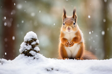 a squirrel standing on a snowy hill with a pine tree in the background