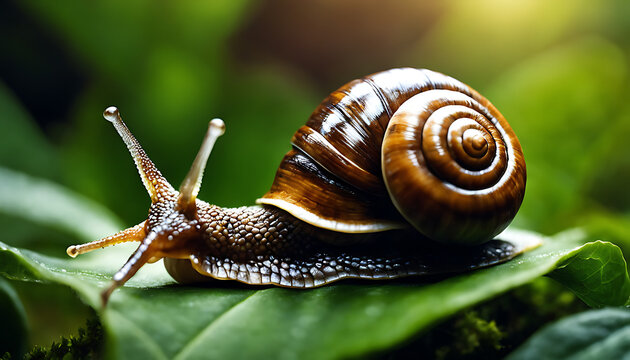 A large brown snail crawls along a leafy green surface, its slimy spiral shell and extending head on full display in a captivating up-close view highlighting nature's beauty