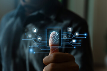 Fingerprint scanning and biometric authentication, Business Technology Safety Internet Concept. - obrazy, fototapety, plakaty