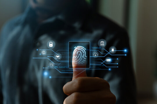 Fingerprint scanning and biometric authentication, Business Technology Safety Internet Concept.