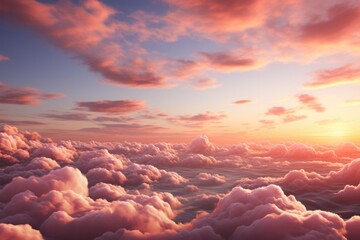 Bask in warm glow of a sunset as fluffy clouds don a peachy hue, creating a celestial canvas in the vast, serene sky. - obrazy, fototapety, plakaty