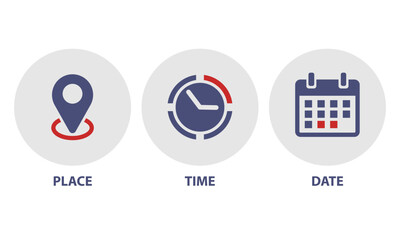 Location, Map pin, Address, date, time, Place, contact, Calendar, Notification set web icons vector illustration