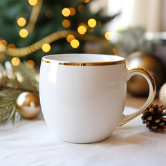 Obraz na płótnie Canvas Gold rimmed coffee mug mockup, christmas background, gold tone, luxury theme
