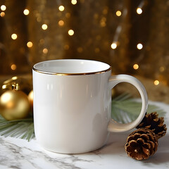 Gold rimmed coffee mug mockup, christmas background, gold tone, luxury theme