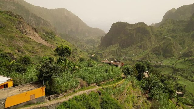 Fly Over The Green Rock Mountains Of Paul In Cape Verde, Island of Santo Antao, West Africa. Aerial Drone Shot