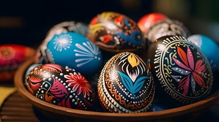 Close-up of hand-painted Easter eggs, showcasing the skill and creativity involved. Highlight the brush strokes, color blends, and unique designs, background image, generative AI