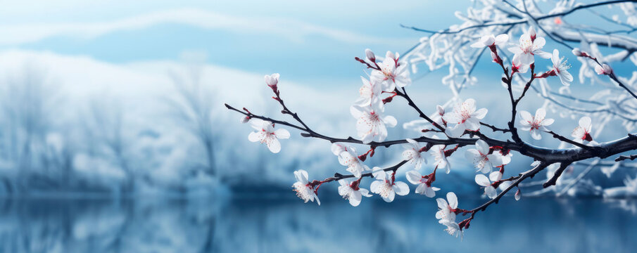 A frosty winter background captures beauty of snow-covered branches and flowers