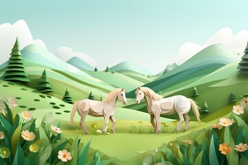 馬と草原（ペーパークラフト） - obrazy, fototapety, plakaty