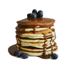 Stack of pancakes covered in chocolate and berries, with transparent background and shadow