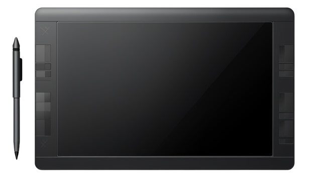 Professional graphics tablet with pen. View from above.